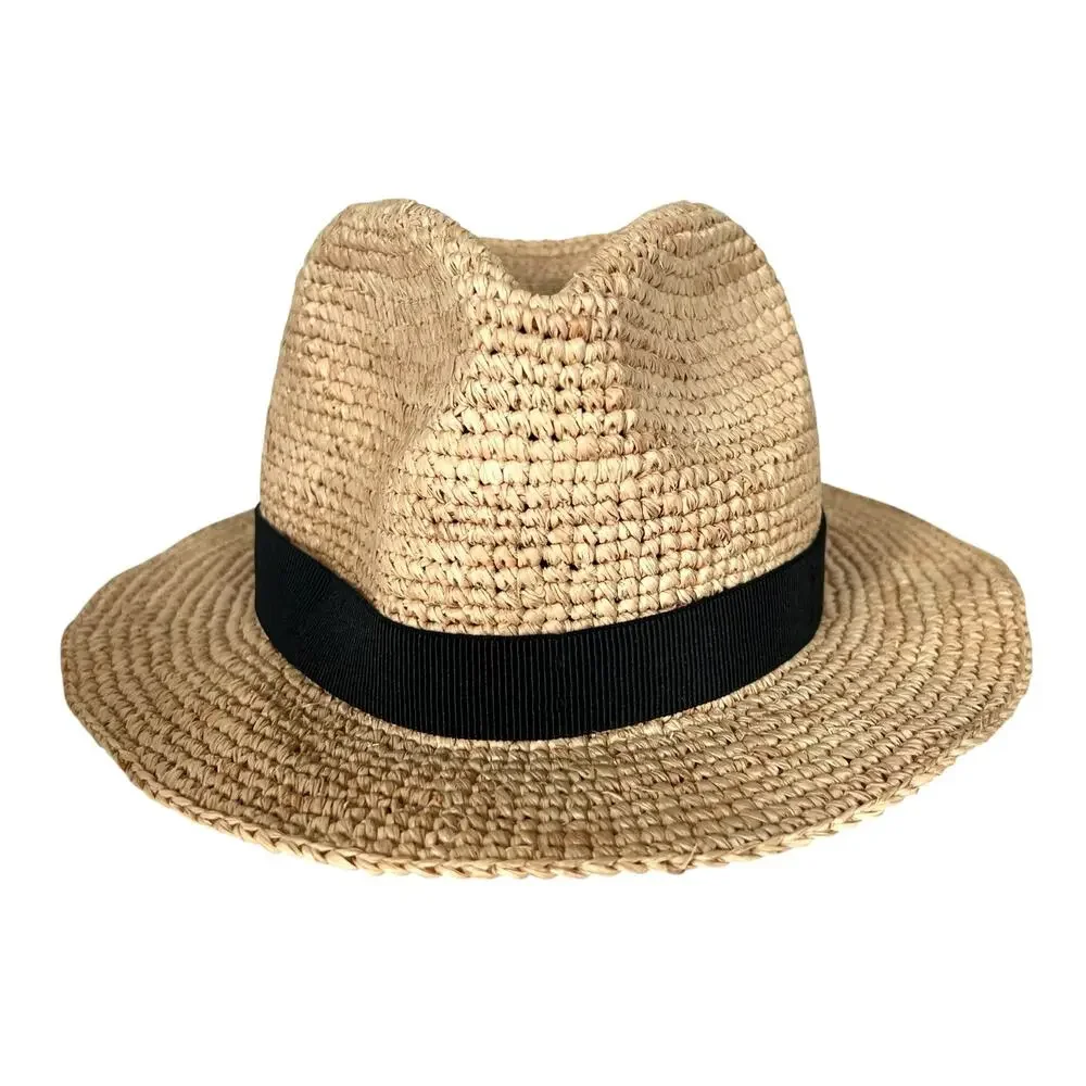 J Crew Womens Packable Straw Fedora Natural Raffia Black Band Hat S/M